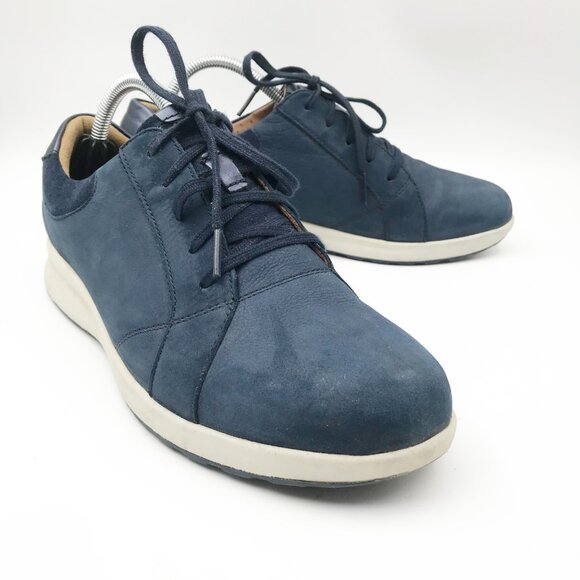 CLARKS Unstructured Navy Blue Leather Suede Lace Up Dressy Sneakers Womens 9.5 - Picture 1 of 11